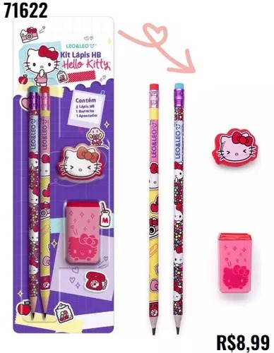 KIT LAPIS HB COM BORRACHA E APONTADOR HELLO KITTY